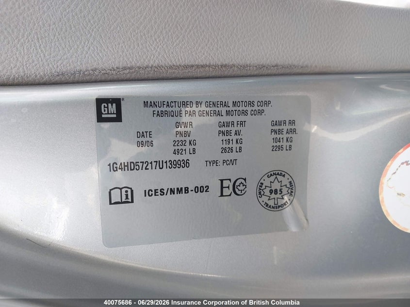 2007 Buick Lucerne Cxl VIN: 1G4HD57217U139936 Lot: 40075686
