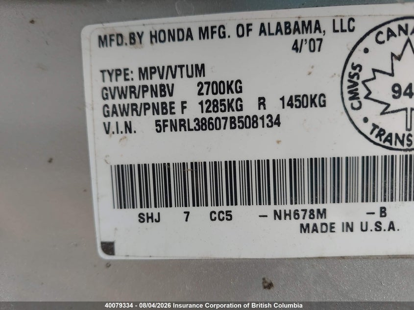 2007 HONDA ODYSSEY VAN 3.5L V6 FI SOHC 24V F4
