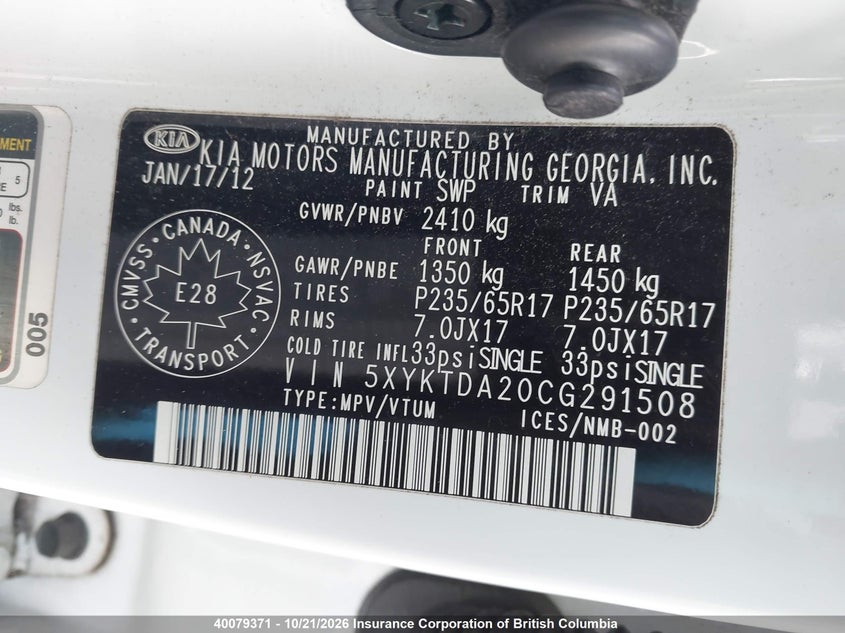 2012 Kia Sorento Lx VIN: 5XYKTDA20CG291508 Lot: 40079371