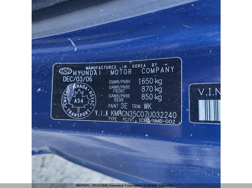 2007 HYUNDAI ACCENT HATCHBACK 1.6L I4 FI DOHC 16V F4