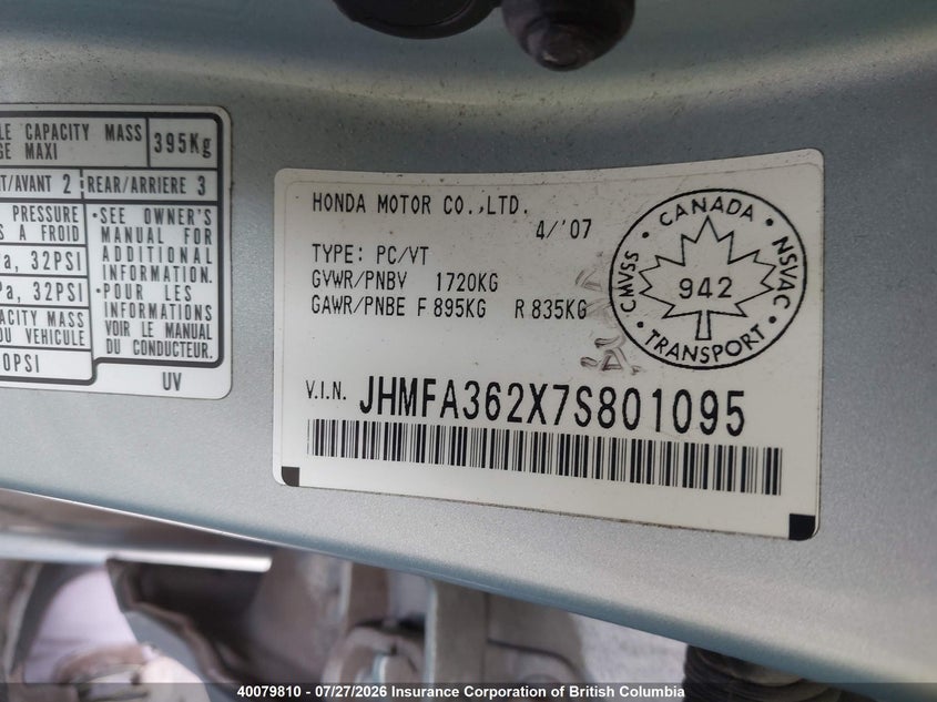 2007 HONDA CIVIC SEDAN 1.3L I4 FI SOHC 8V F