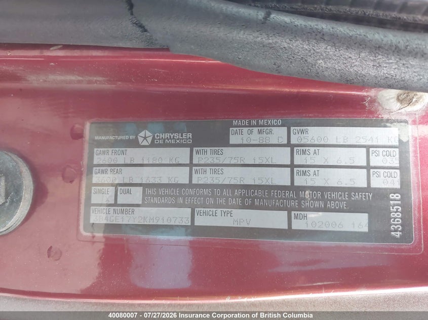 1989 DODGE RAMCHARGER COUPE 5.2L V8 FI OHV F