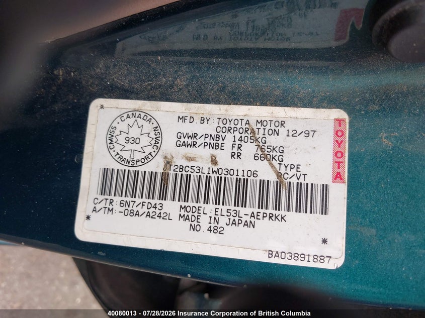 1998 TOYOTA TERCEL SEDAN 1.5L I4 FI DOHC 16V F4