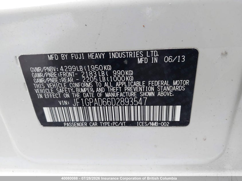 2013 SUBARU IMPREZA SEDAN 2.0L H4 FI SOHC 16V NF4