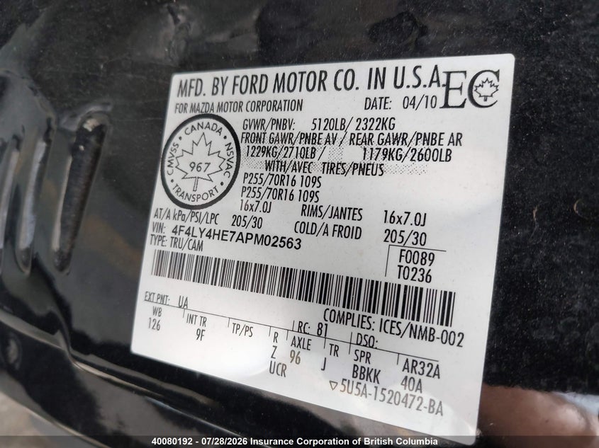 2010 MAZDA B-SERIES COUPE 4.0L V6 FI OHV 12V NF2
