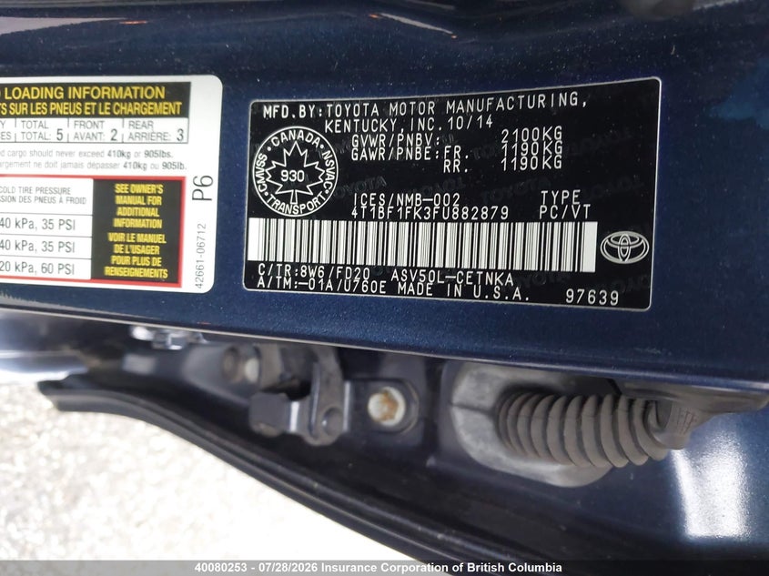 2015 TOYOTA CAMRY SEDAN 2.5L I4 FI DOHC 16V NF4
