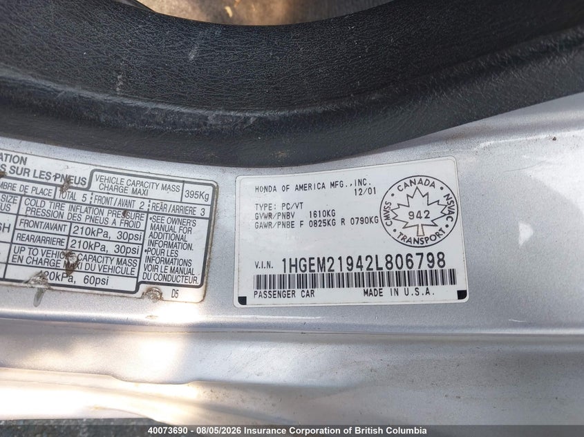 2002 HONDA CIVIC SEDAN 1.7L I-4 VVT, 127HP