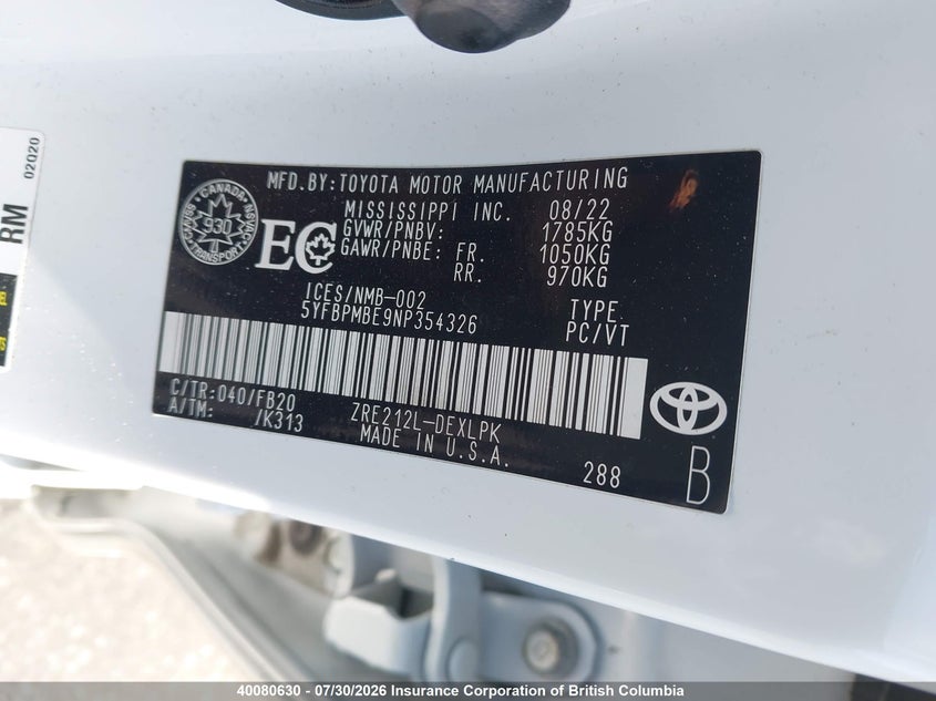 2022 TOYOTA COROLLA SEDAN 1.8L I4 N