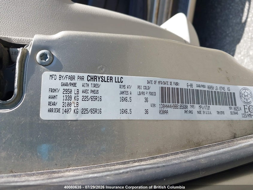 2008 DODGE CARAVAN VAN 3.3L V6 FI U NF