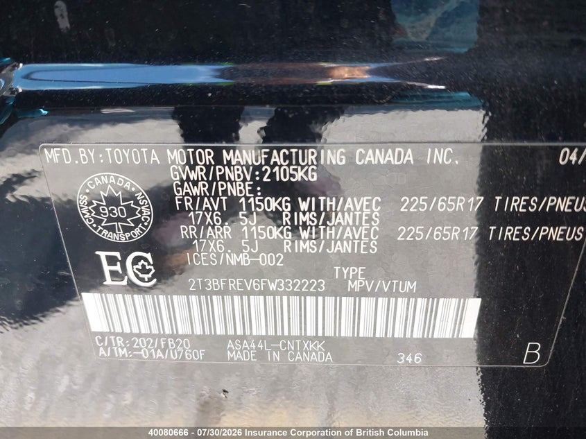 2015 TOYOTA RAV 4 SPORT UTILITY VEHICLE 2.5L I4 FI DOHC 16V NF4
