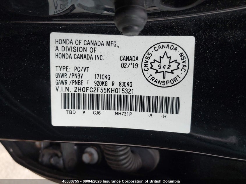 2019 HONDA CIVIC SEDAN 2.0L I-4 DOHC, VVT, 158HP