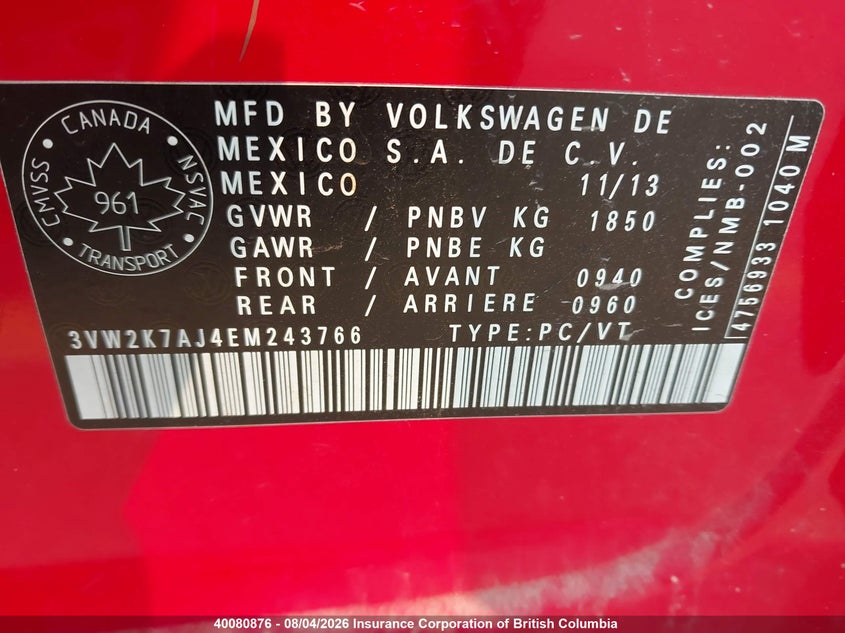 2014 VOLKSWAGEN JETTA SEDAN 2.0L I-4 115HP
