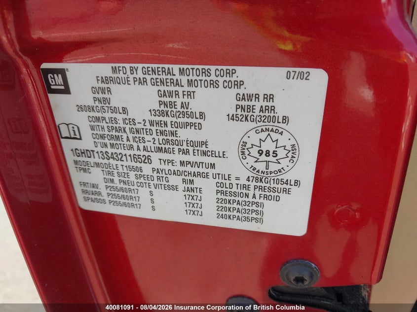 2003 OLDSMOBILE BRAVADA SPORT UTILITY VEHICLE 4.2L I6 FI DOHC F