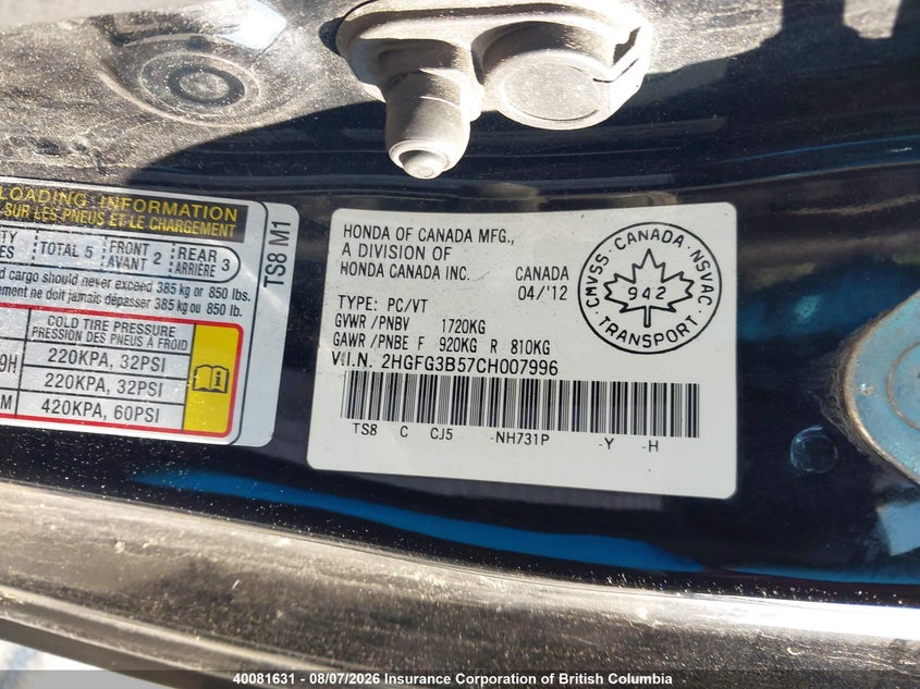 2012 HONDA CIVIC SEDAN 1.8L I4 FI SOHC 16V NF4