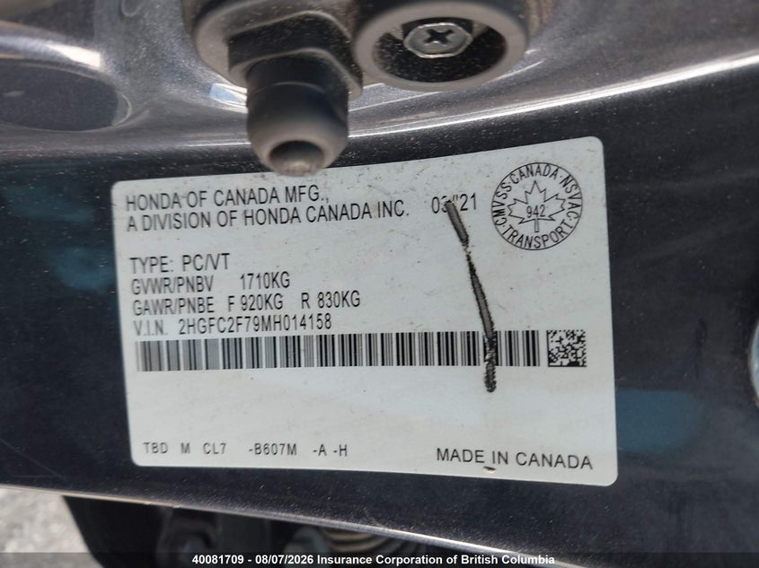2021 HONDA CIVIC SEDAN 2.0L I-4 DOHC, VVT, 158HP