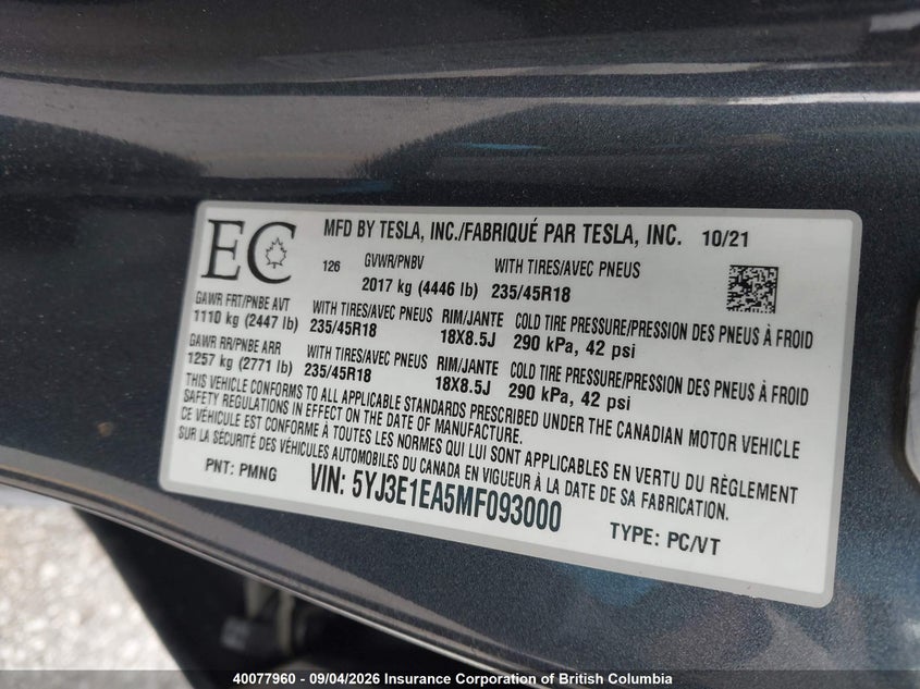 2021 TESLA MODEL 3 SEDAN ELECTRIC