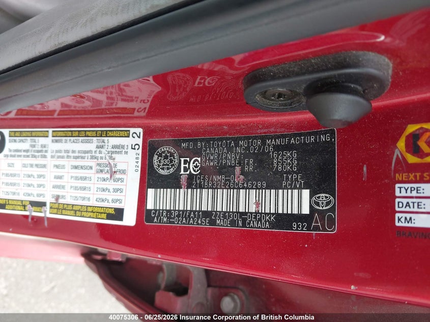 2006 TOYOTA COROLLA SEDAN 1.8L I-4 DOHC, VVT, 126HP