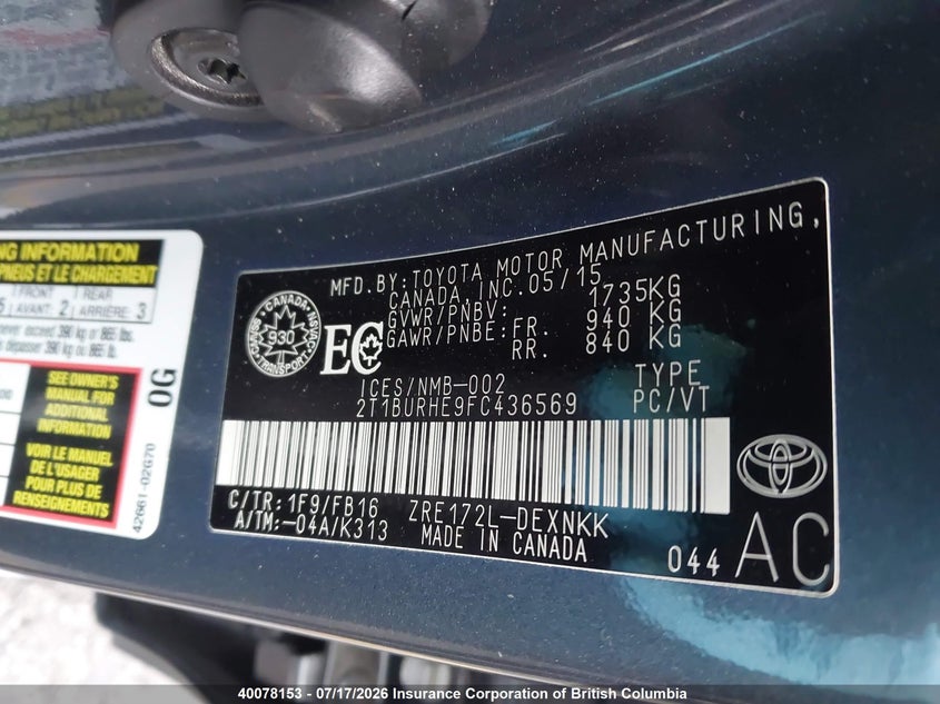 2015 TOYOTA COROLLA SEDAN 1.8L I-4 DOHC, VVT, 132HP