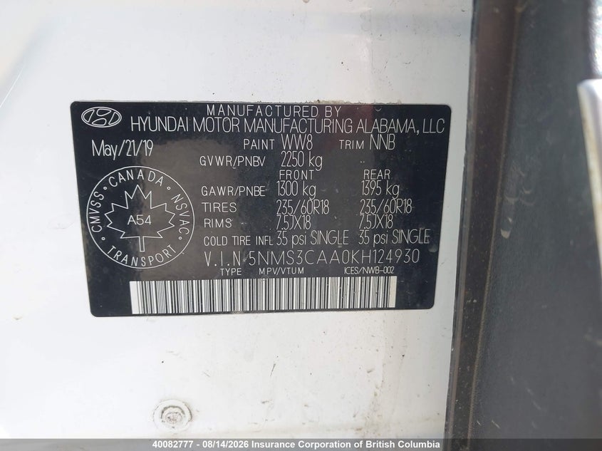 2019 HYUNDAI SANTA FE SPORT UTILITY VEHICLE 2.0L I-4 DI, DOHC, VVT, TURBO, 235HP
