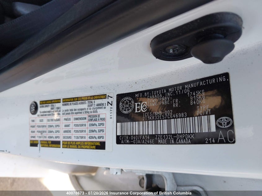 2007 TOYOTA MATRIX HATCHBACK 1.8L I-4 DOHC, VVT, 126HP