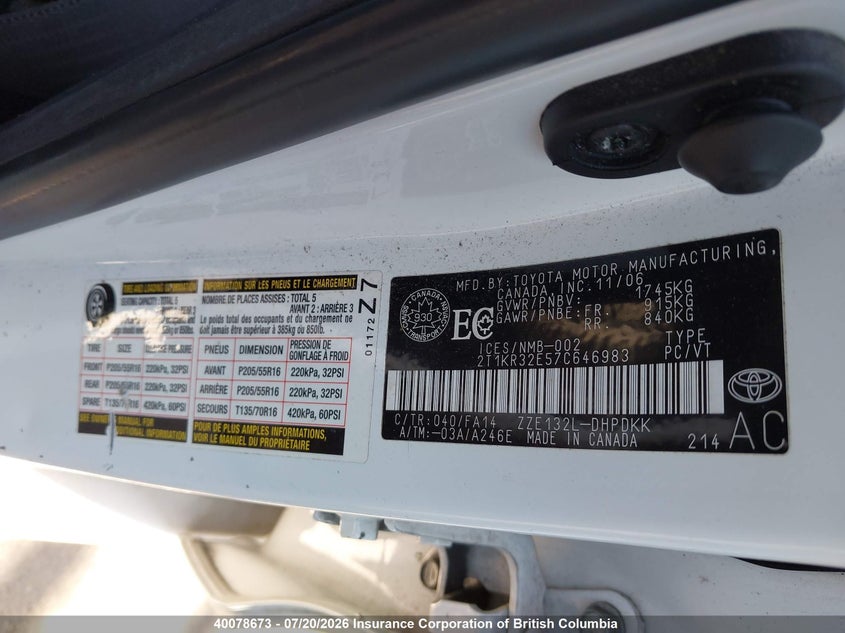 2007 TOYOTA MATRIX HATCHBACK 1.8L I-4 DOHC, VVT, 126HP