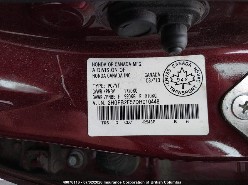 2013 HONDA CIVIC SEDAN 1.8L I-4 VVT, 140HP