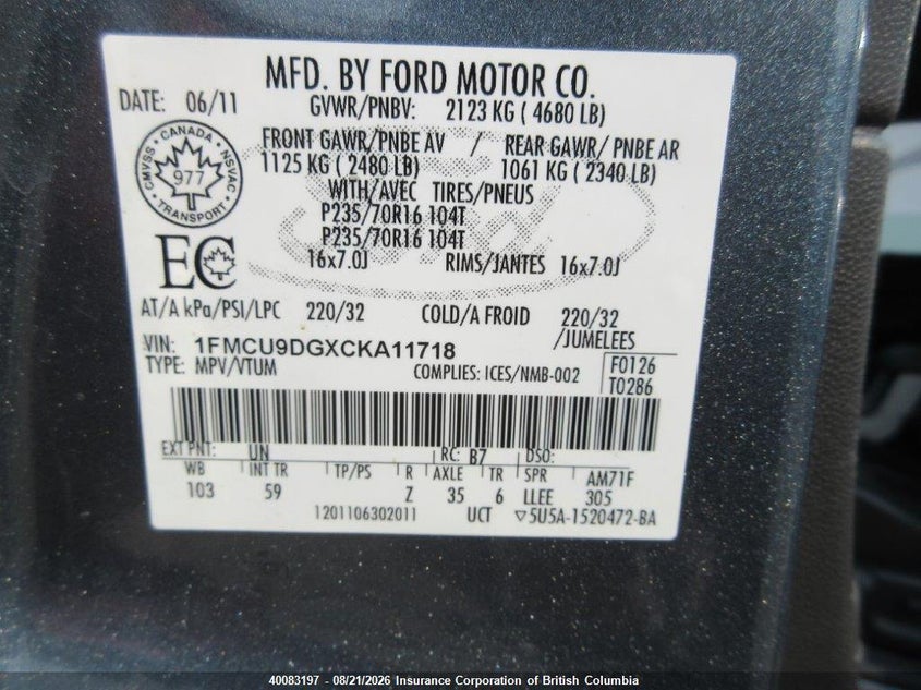 2012 FORD ESCAPE SPORT UTILITY VEHICLE 3.0L V6 FI DOHC 24V NF4