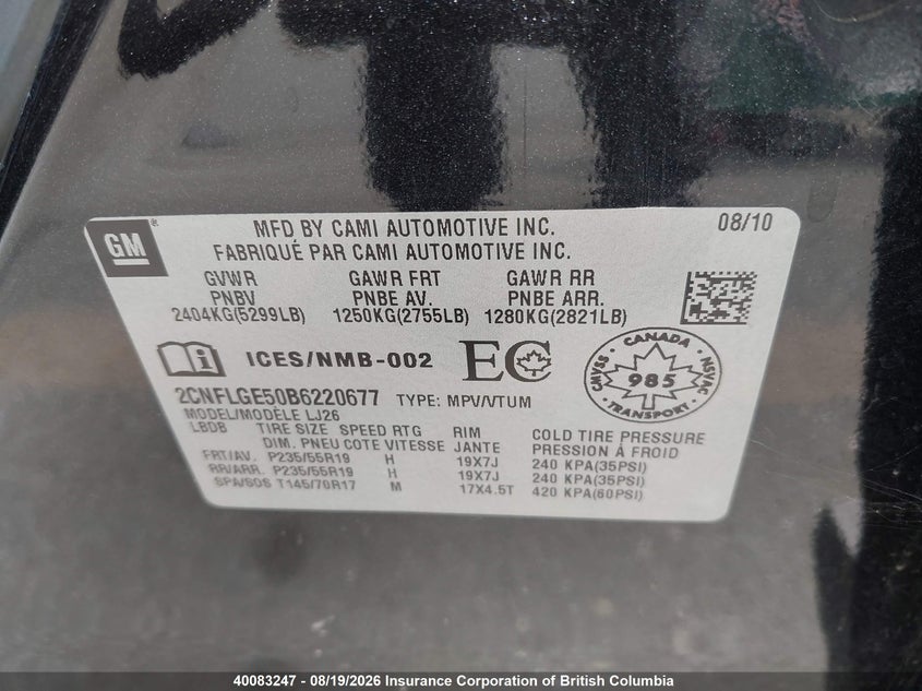 2011 CHEVROLET EQUINOX SPORT UTILITY VEHICLE 3.0L V-6 DI, DOHC, VVT, 264HP