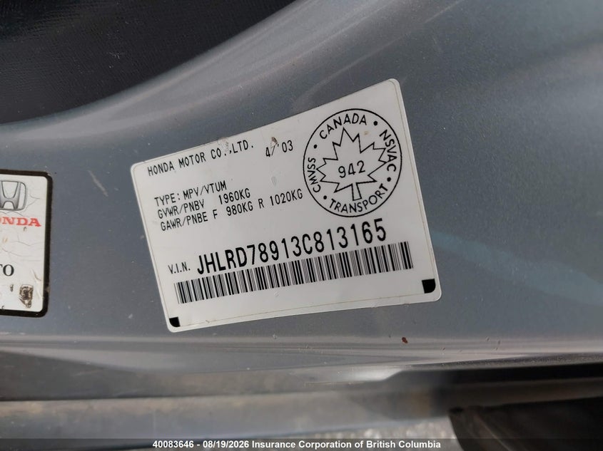 2003 HONDA CR-V SPORT UTILITY VEHICLE 2.4L I-4 DOHC, VVT, 160HP
