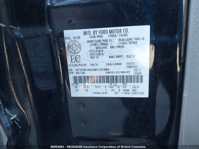 2008 FORD F-150 COUPE 5.4L V8 FI SOHC F
