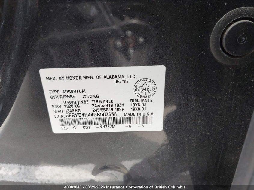 2016 ACURA MDX SPORT UTILITY VEHICLE 3.5L V-6 DI, VVT, 290HP