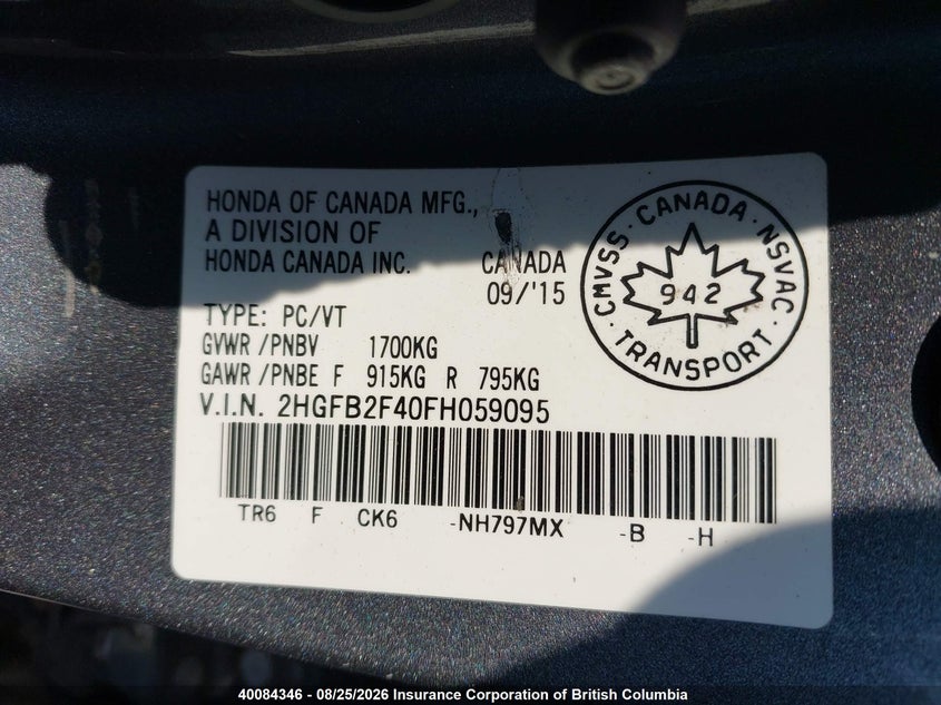 2015 HONDA CIVIC SEDAN 1.8L I4 FI SOHC 16V NF4