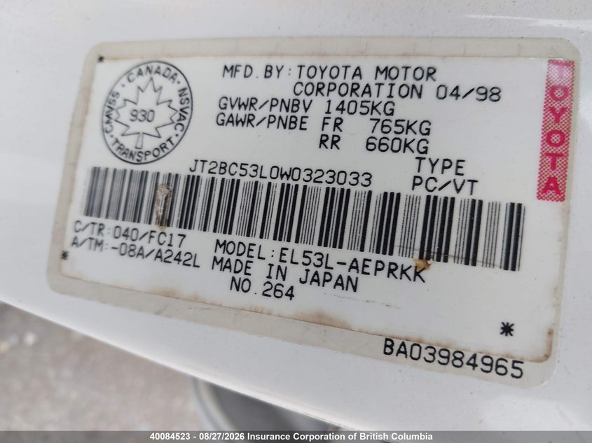 1998 TOYOTA TERCEL SEDAN 1.5L I4 FI DOHC 16V F4