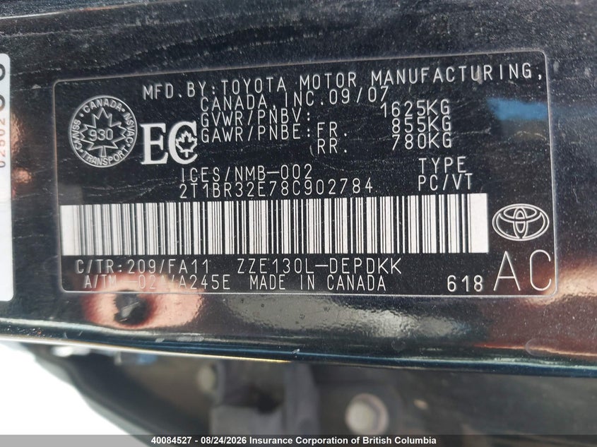 2008 TOYOTA COROLLA SEDAN 1.8L I4 FI DOHC 16V F4