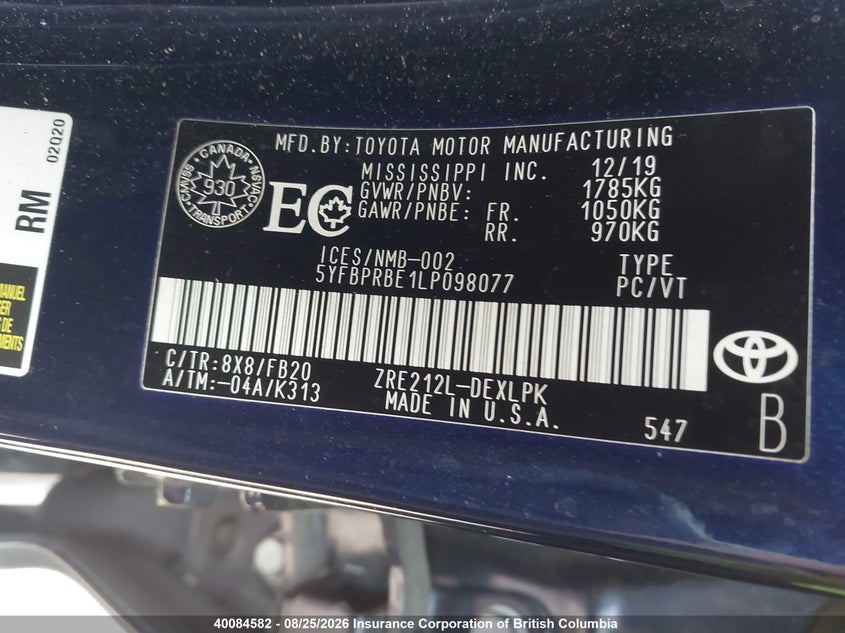 2020 TOYOTA COROLLA SEDAN 1.8L I4 FI DOHC 16V NF4