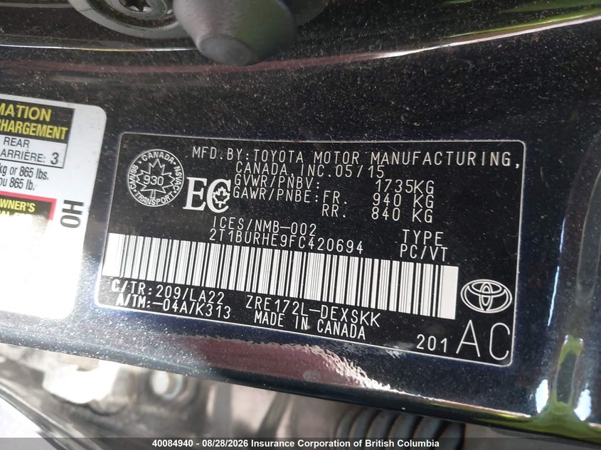 2015 TOYOTA COROLLA SEDAN 1.8L I4 FI DOHC 16V NF4
