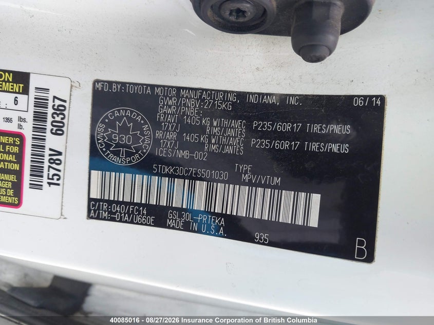 2014 TOYOTA SIENNA VAN 3.5L V6 FI DOHC 24V NF4