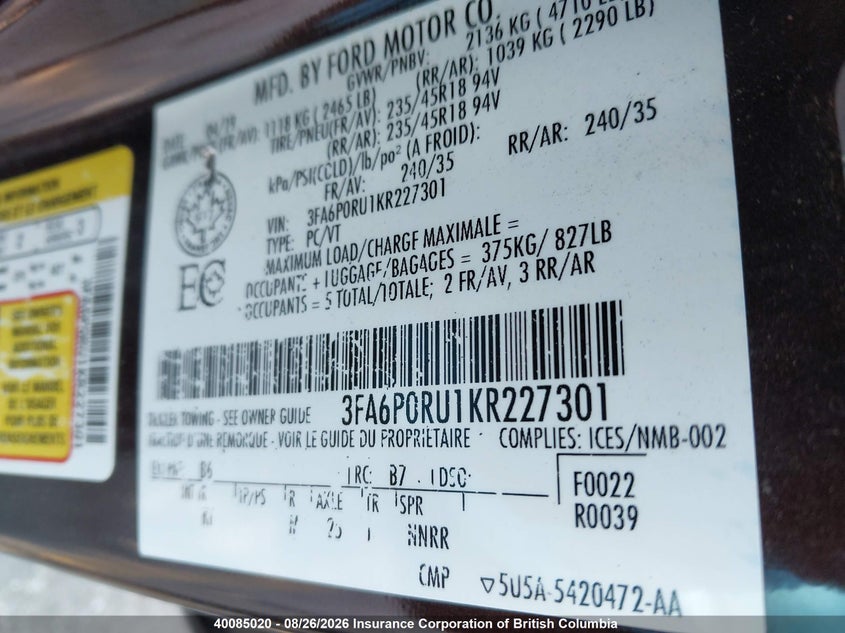 2019 FORD FUSION SEDAN 2.0L I-4 DOHC, VVT, 141HP