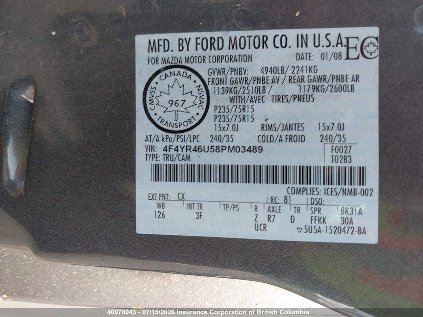 2008 MAZDA B-SERIES COUPE 3.0L V-6 148HP