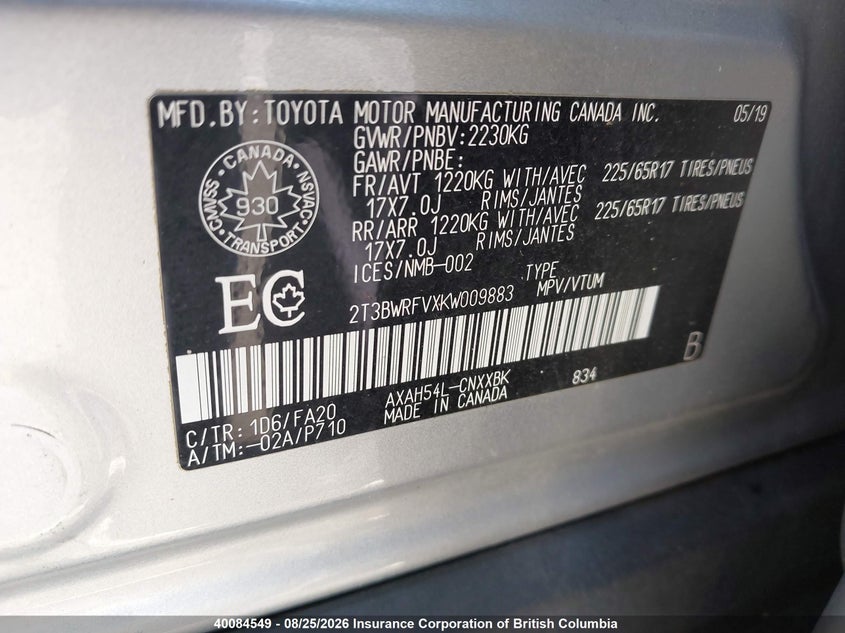 2019 TOYOTA RAV 4 SPORT UTILITY VEHICLE 2.5L I-4 DI, DOHC, VVT, 176HP