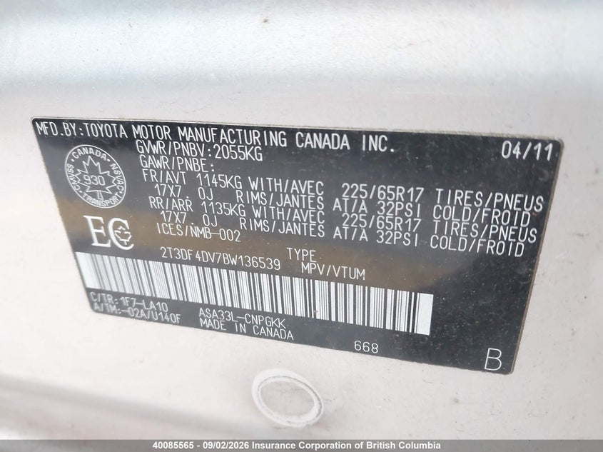 2011 TOYOTA RAV 4 SPORT UTILITY VEHICLE 2.5L I-4 DOHC, VVT, REGULAR , 179HP