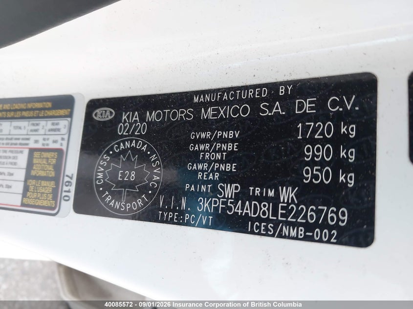 2020 KIA FORTE SEDAN 2.0L I4 FI DOHC 16V NF4