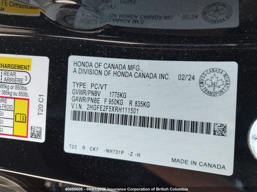 2024 HONDA CIVIC SEDAN 2.0L I-4 DOHC, VVT, REGULAR , 158HP