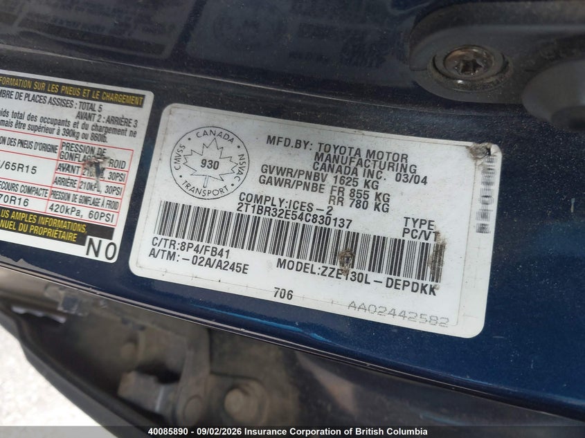 2004 TOYOTA COROLLA SEDAN 1.8L I4 FI DOHC 16V F4