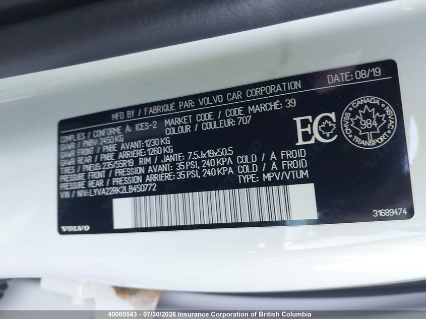 2020 VOLVO XC60 SPORT UTILITY VEHICLE 2.0L I-4 DI, DOHC, VVT, TURBO/SUPERCHARGER, 316HP