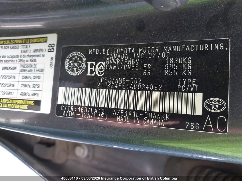 2010 TOYOTA MATRIX HATCHBACK 2.4L I4 FI DOHC 16V NF4