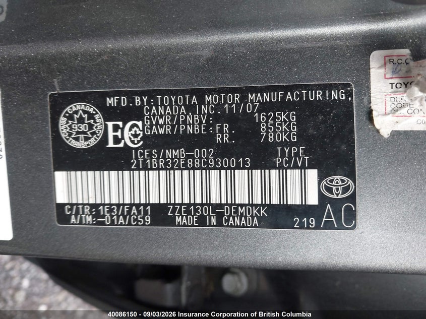 2008 TOYOTA COROLLA SEDAN 1.8L I4 FI DOHC 16V F4