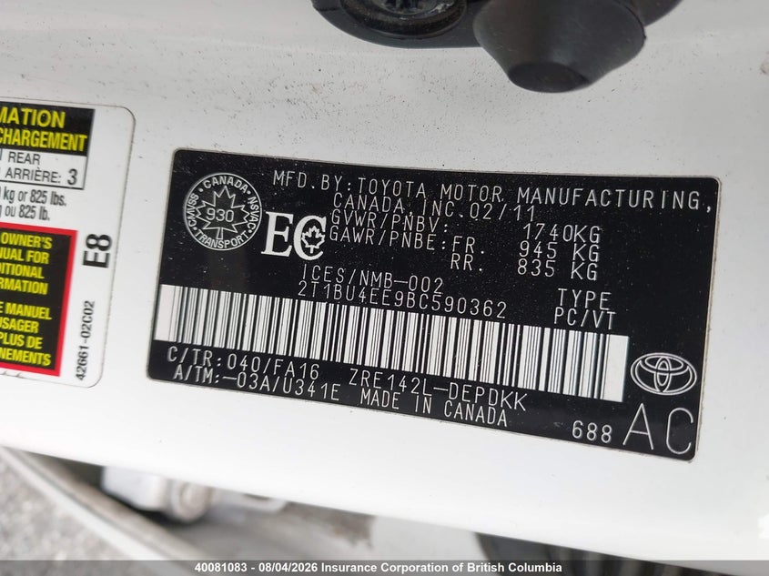 2011 TOYOTA COROLLA SEDAN 1.8L I-4 DOHC, VVT, 132HP