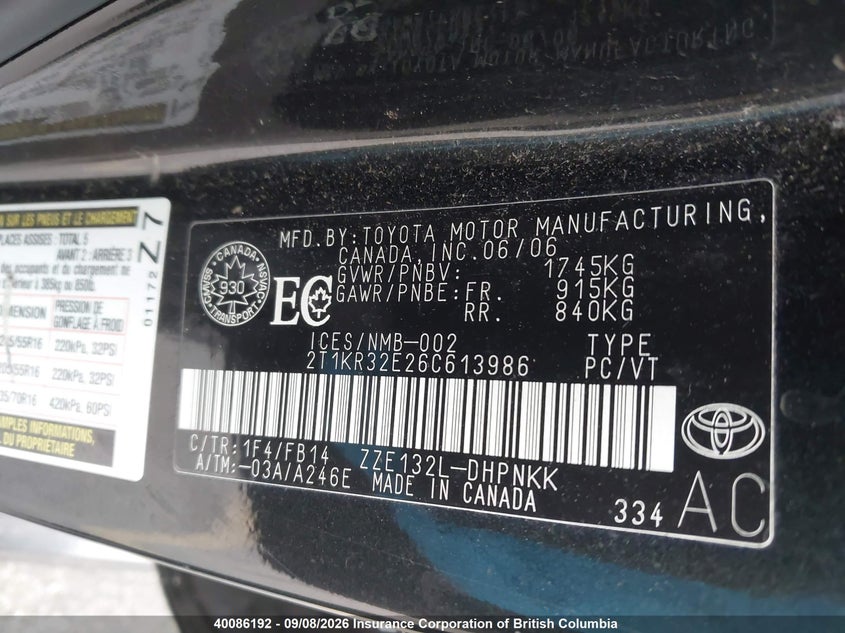 2006 TOYOTA MATRIX HATCHBACK 1.8L I4 FI DOHC 16V F4