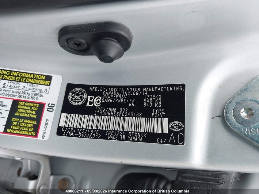 2015 TOYOTA COROLLA SEDAN 1.8L I-4 DOHC, VVT, 132HP